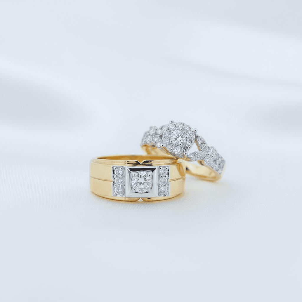 Square Diamond Center & Elaborate Halo Pave Couple Rings — ER050