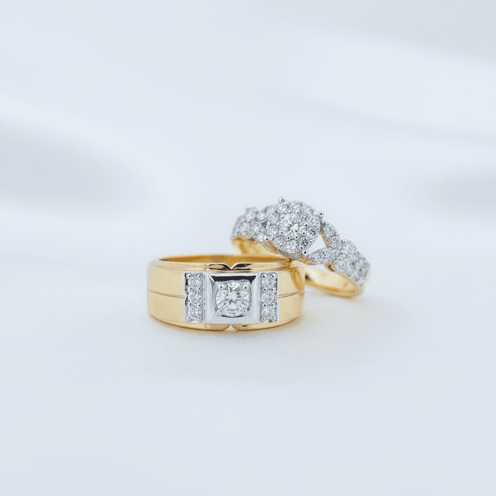 Square Diamond Center & Elaborate Halo Pave Couple Rings