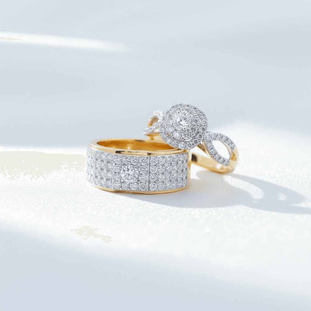 Full Pave Wide Band & Double Halo Diamond Couple Rings