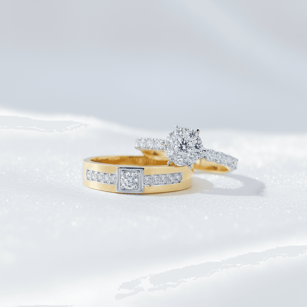 Channel Set Diamond Band & Solitaire Halo Couple Rings — ER052