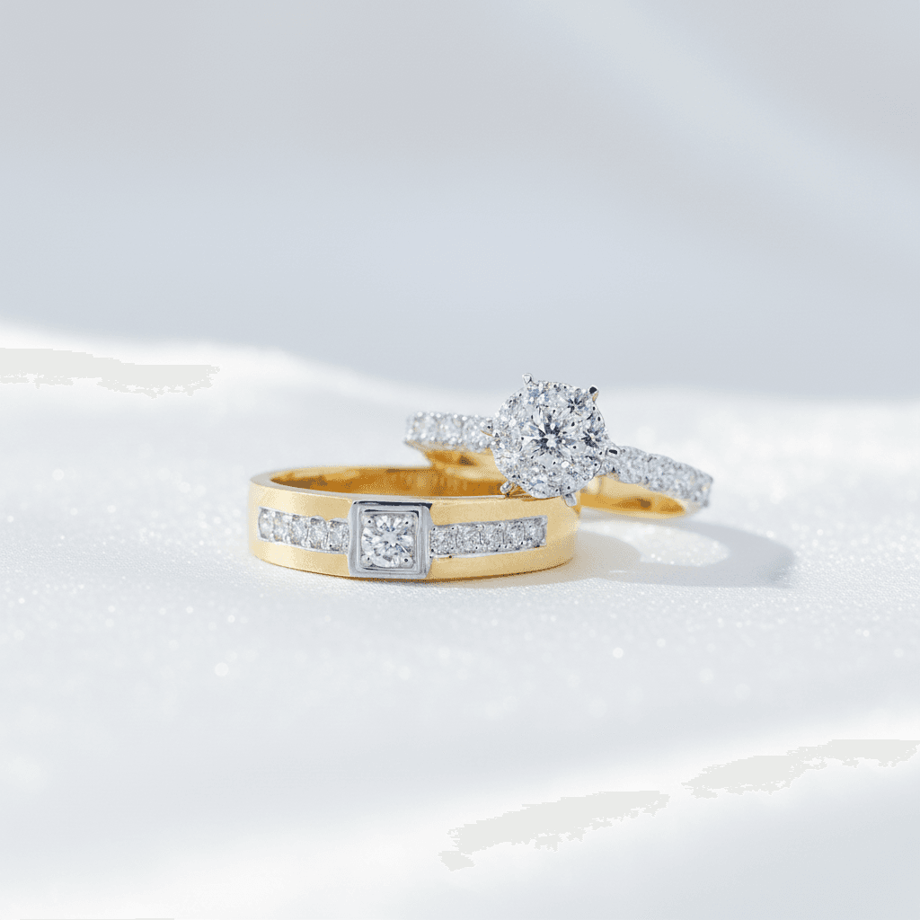Channel Set Diamond Band & Solitaire Halo Couple Rings