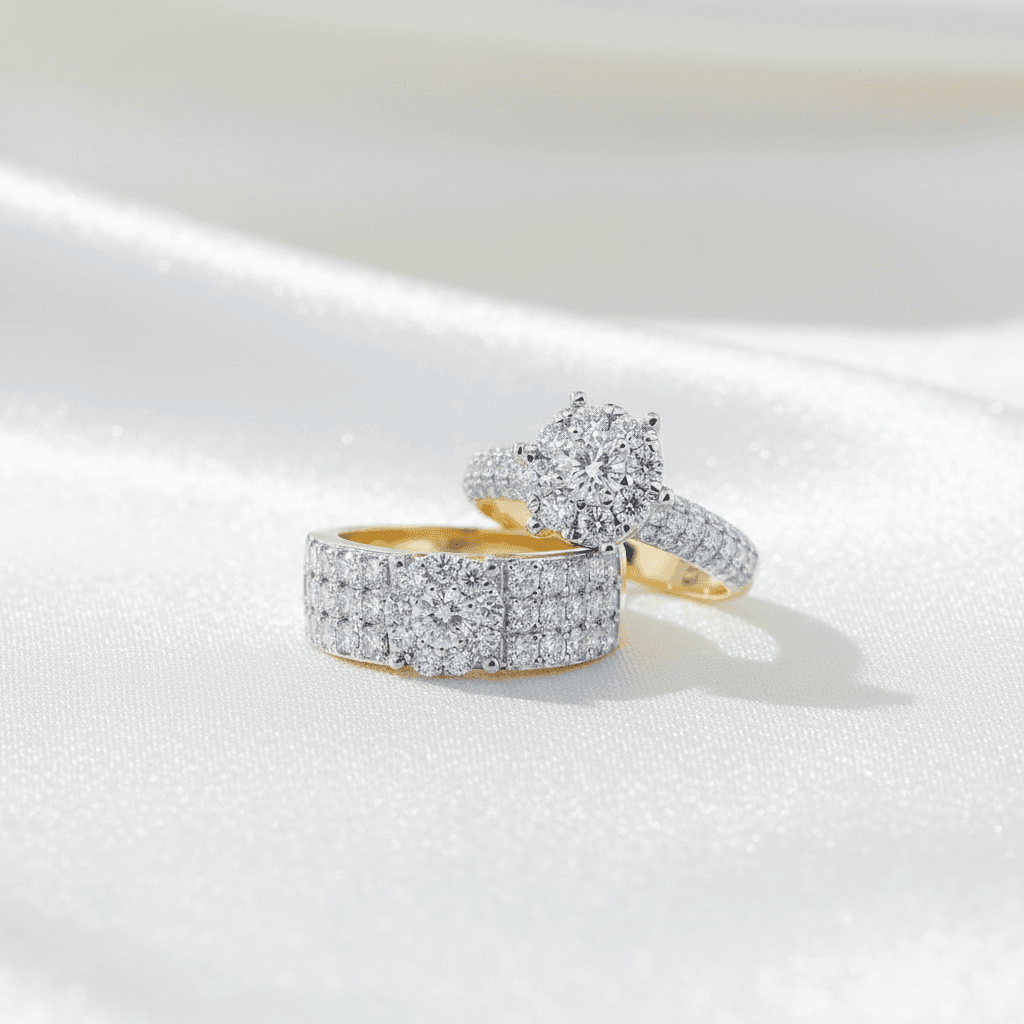 Wide Pavé Diamond Band & Solitaire Halo Couple Rings — ER053