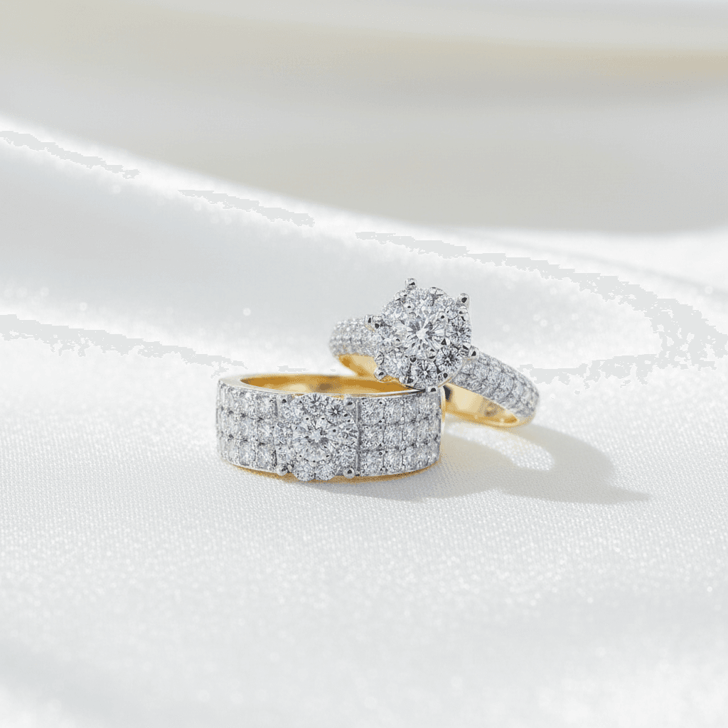Wide Pavé Diamond Band & Solitaire Halo Couple Rings