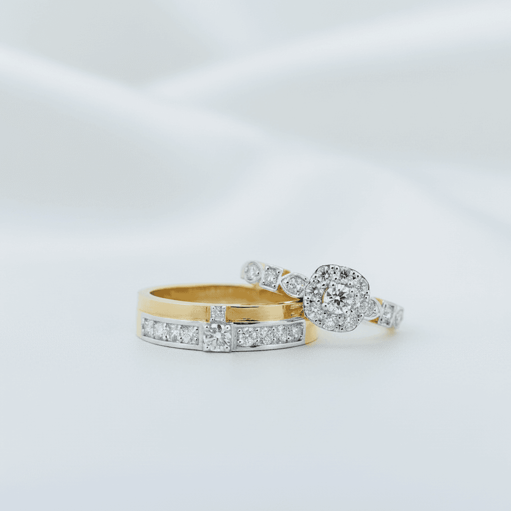 Decorative Band & Floral Halo Diamond Couple Rings — ER054