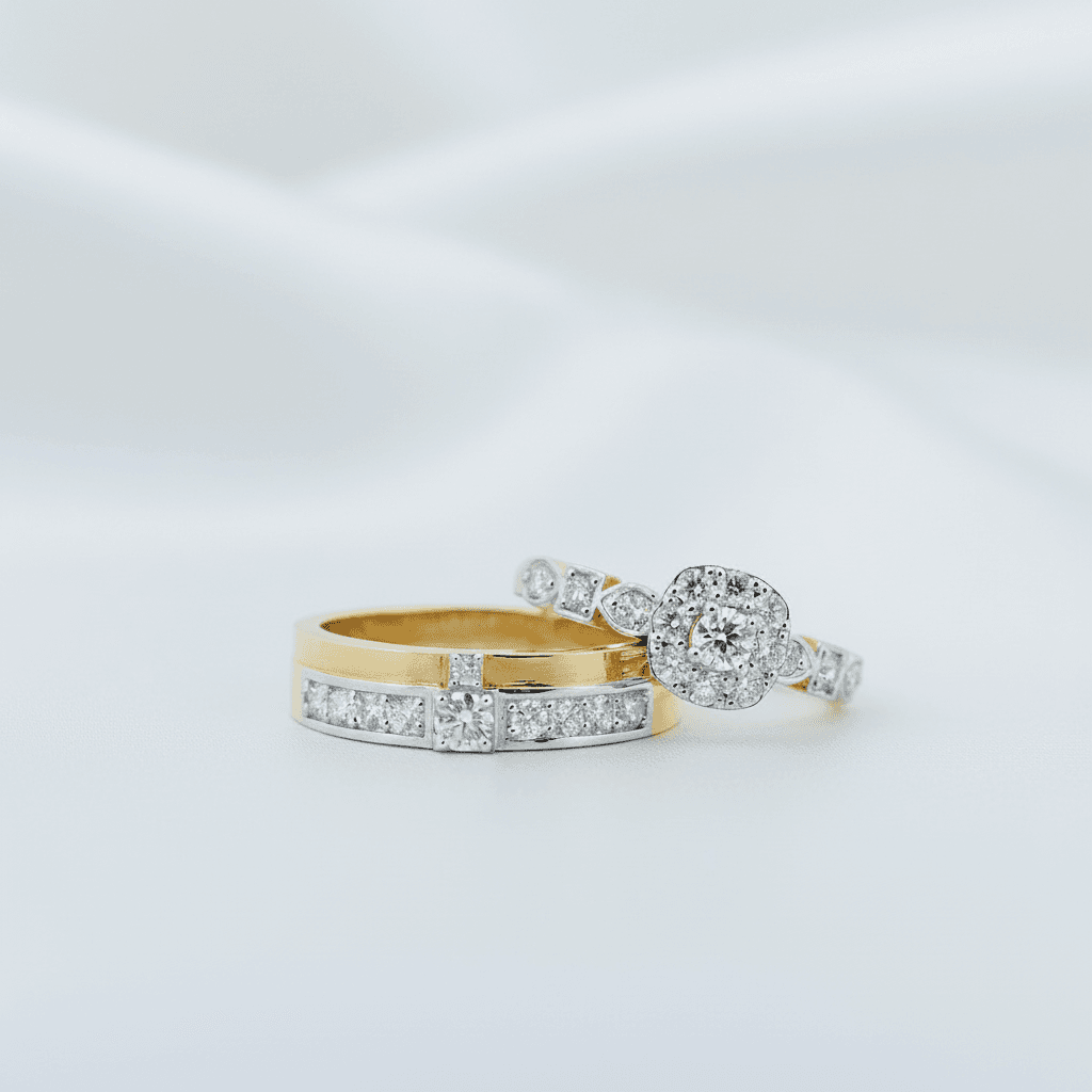 Decorative Band & Floral Halo Diamond Couple Rings