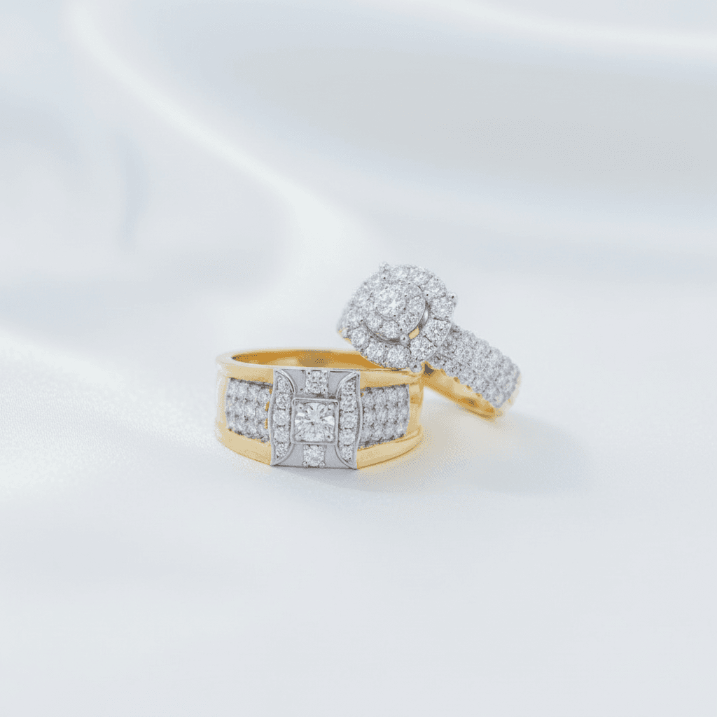 Round Halo & Wide Pave Diamond Couple Rings — ER055