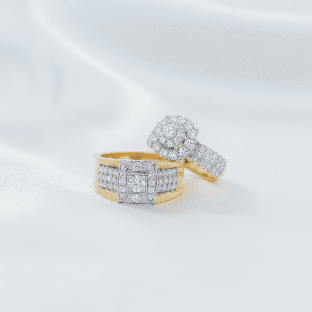 Round Halo & Wide Pave Diamond Couple Rings