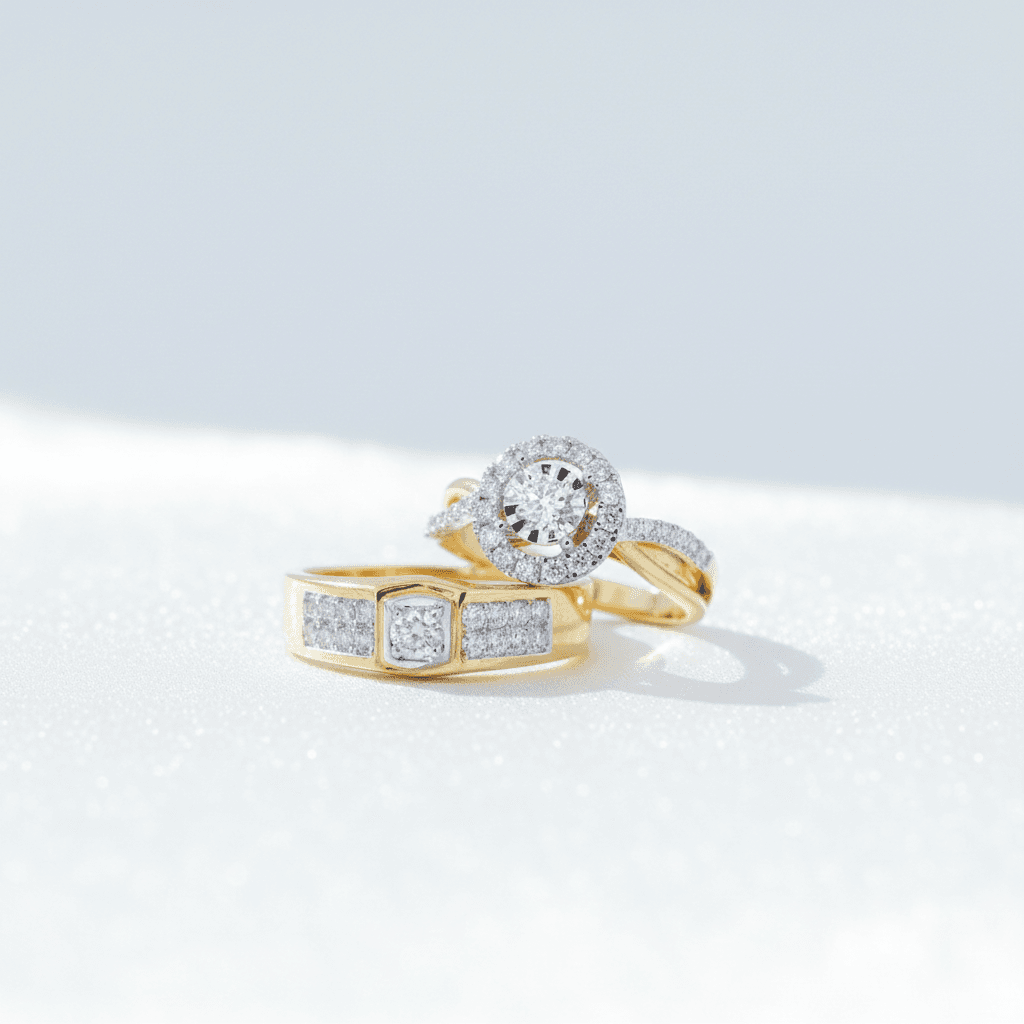 Round Halo Solitaire & Square Diamond Band Couple Rings