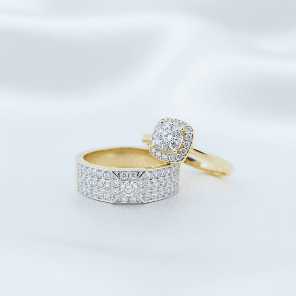 Square Halo & Full Pave Wide Band Diamond Couple Rings — ER057