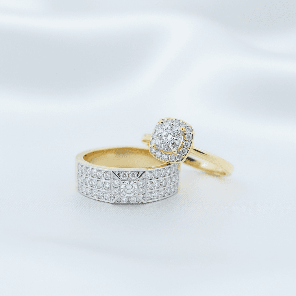 Square Halo & Full Pave Wide Band Diamond Couple Rings