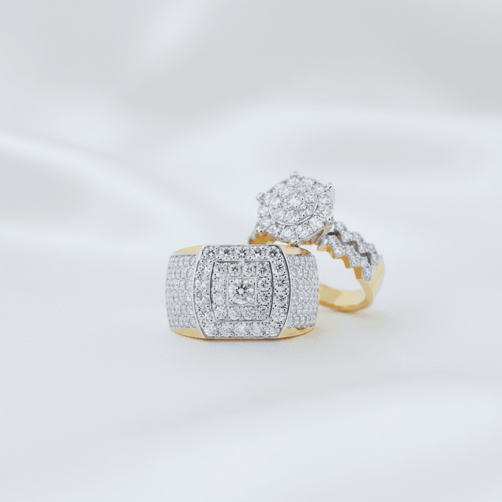 Full Pave Wide Band & Round Cluster Halo Diamond Couple Rings — ER059