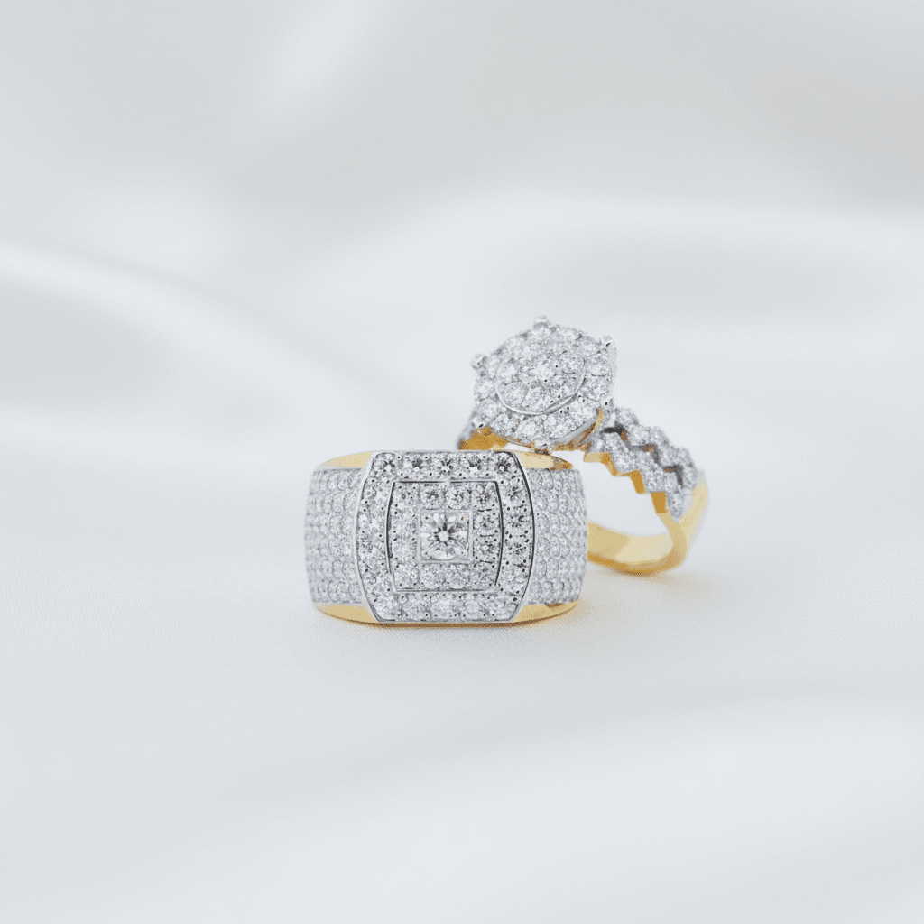 Full Pave Wide Band & Round Cluster Halo Diamond Couple Rings