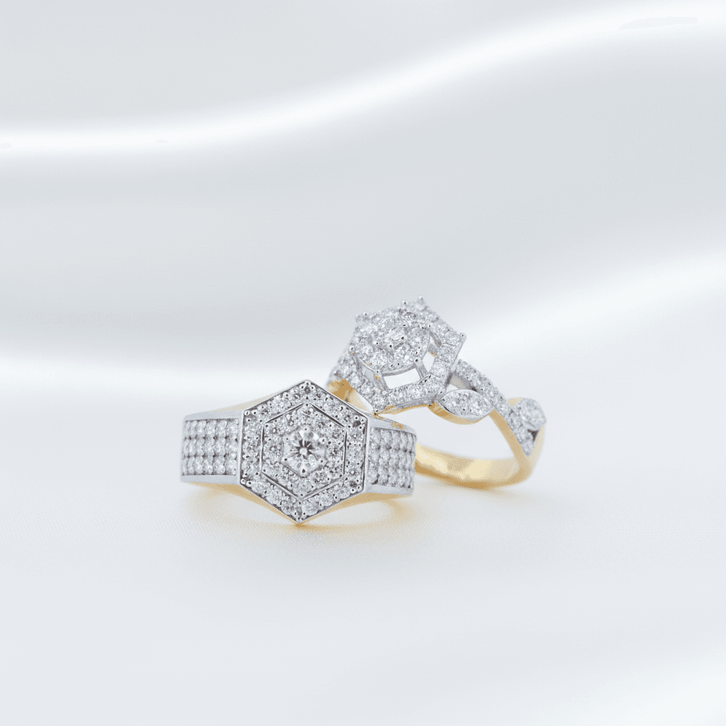 Hexagon Pave Band & Square Halo Diamond Couple Rings