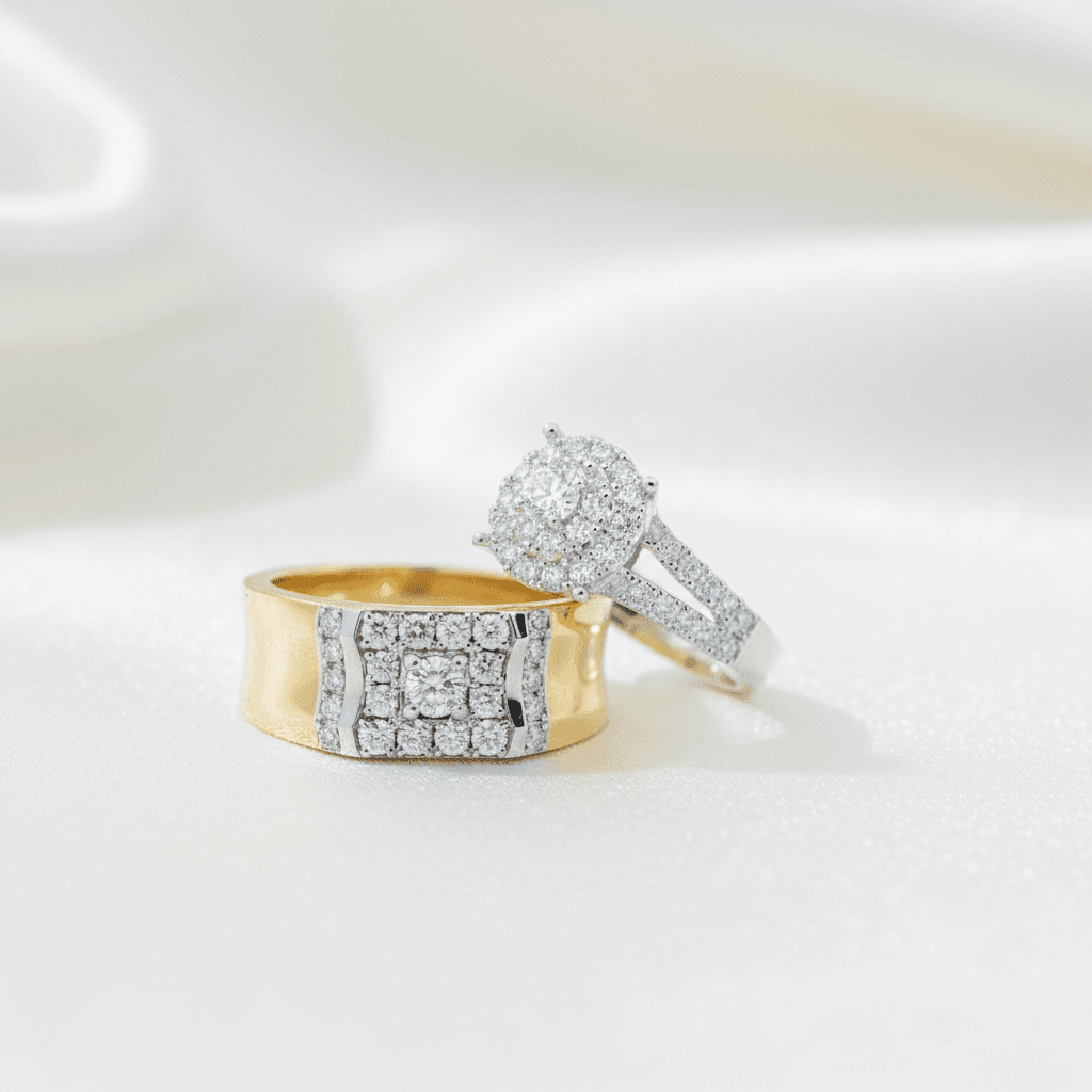 Square Diamond Band & Round Halo Couple Rings — ER061