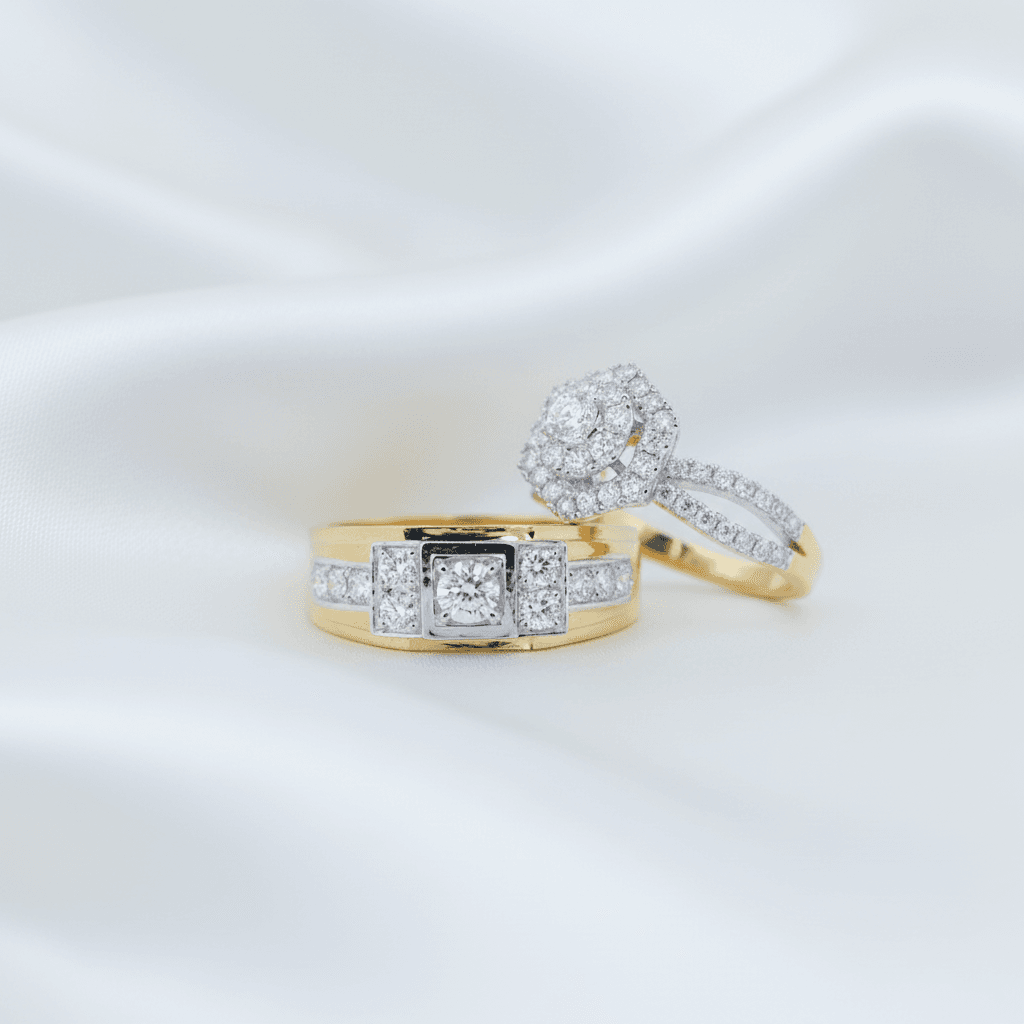 Square Center Diamond Band & Flower Cluster Halo Couple Rings