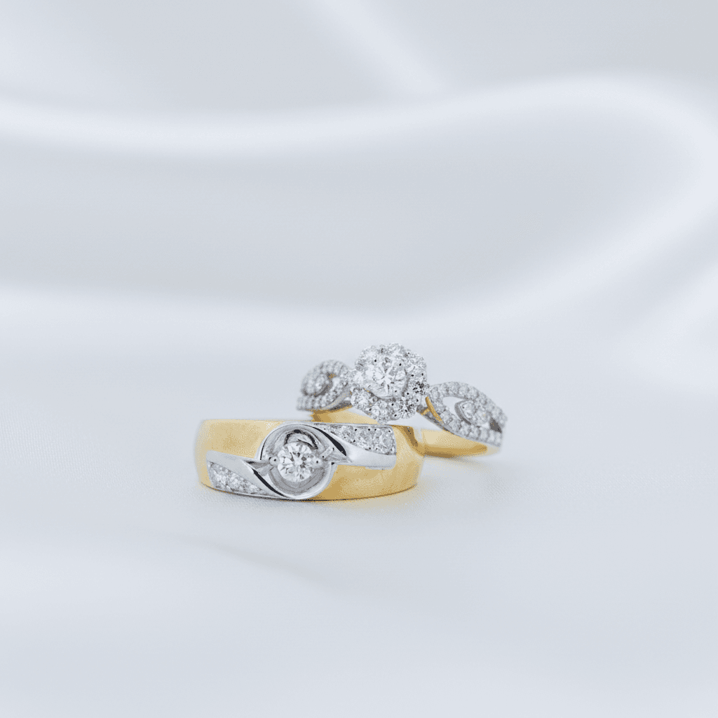 Swirl Solitaire Band & Three Stone Halo Couple Rings — ER063