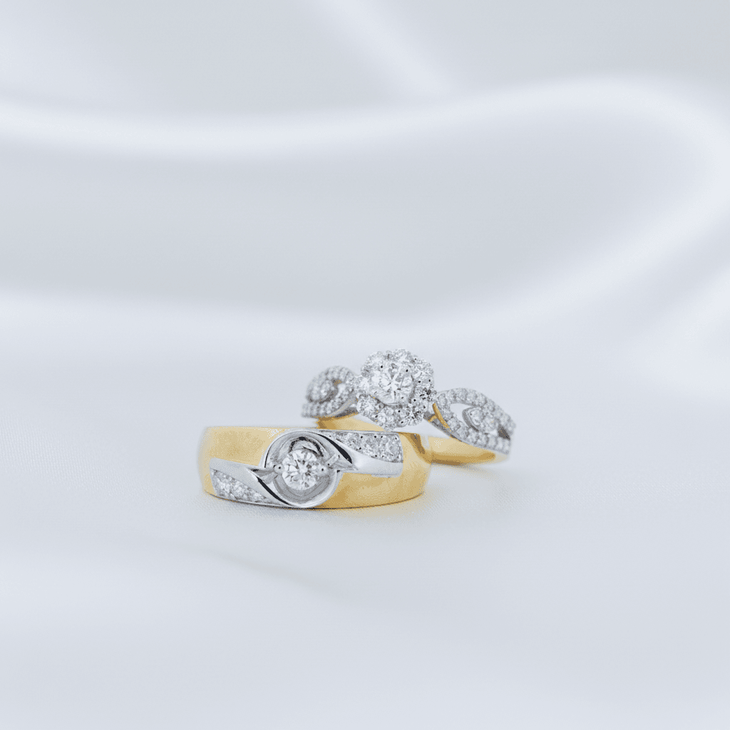 Swirl Solitaire Band & Three Stone Halo Couple Rings