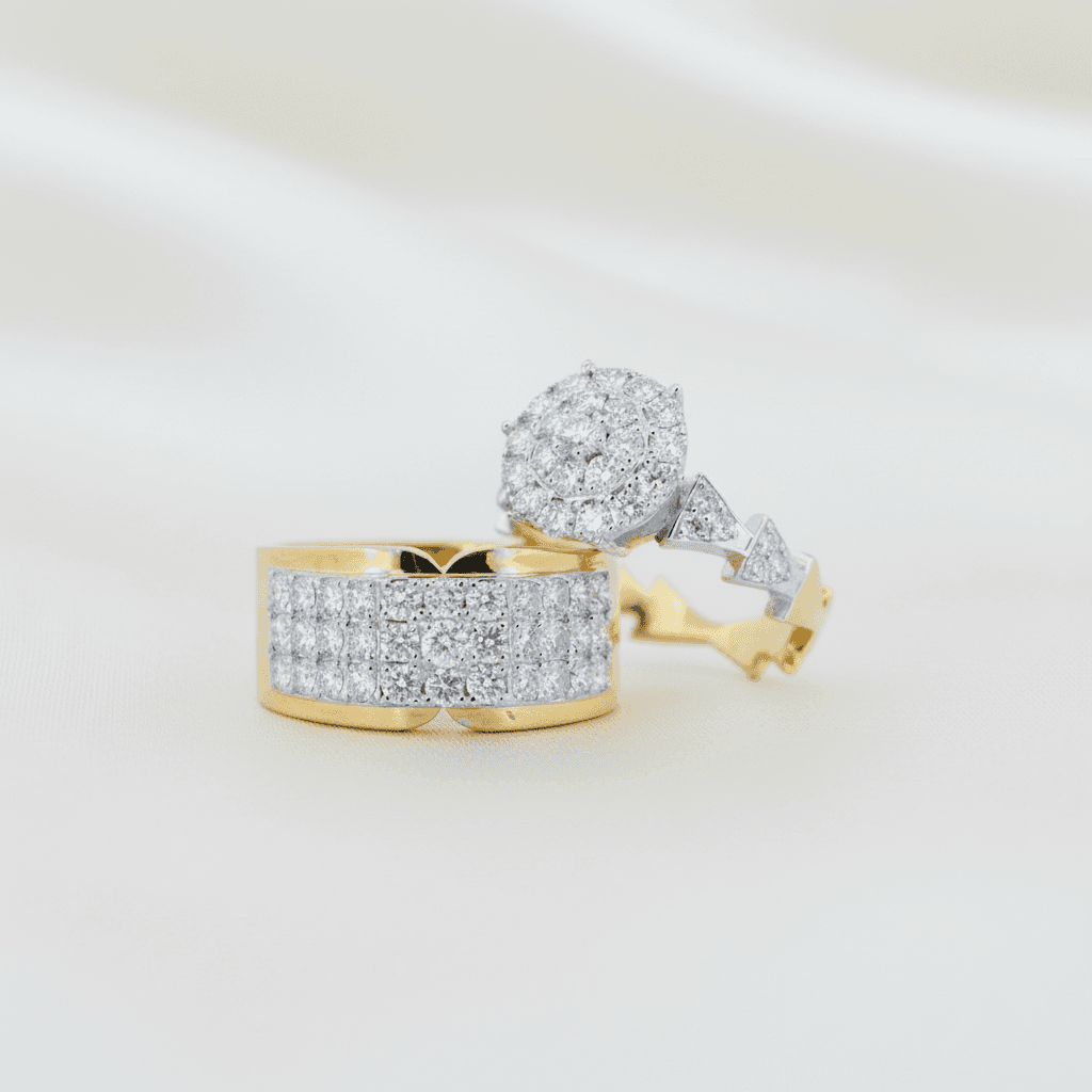 Full Pave Wide Band & Round Cluster Halo Couple Rings (RF0141 / RM0032) — ER064