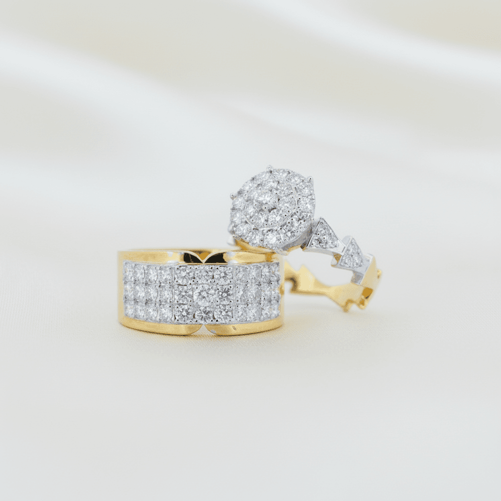 Full Pave Wide Band & Round Cluster Halo Couple Rings (RF0141 / RM0032)