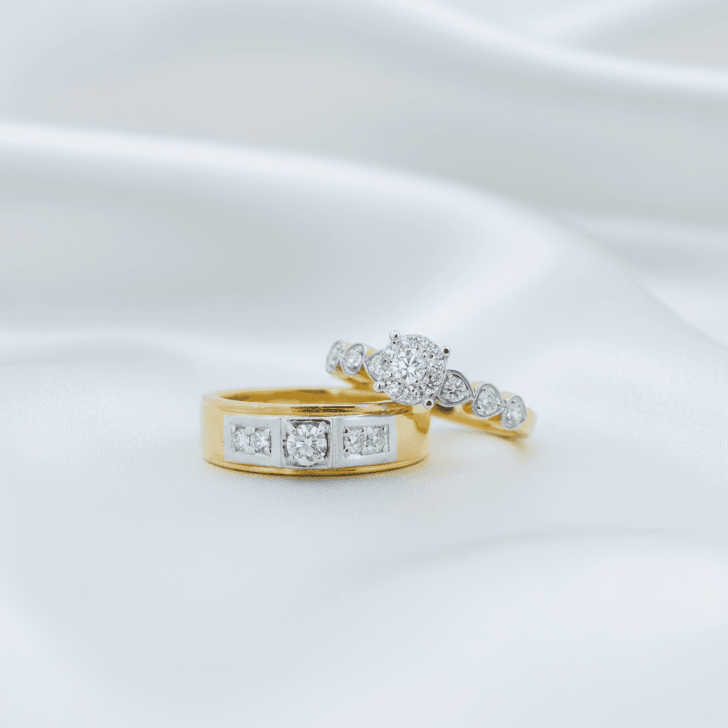 Halo Solitaire & Square Diamond Band Couple Rings (RF0597 / RM0138) — ER065