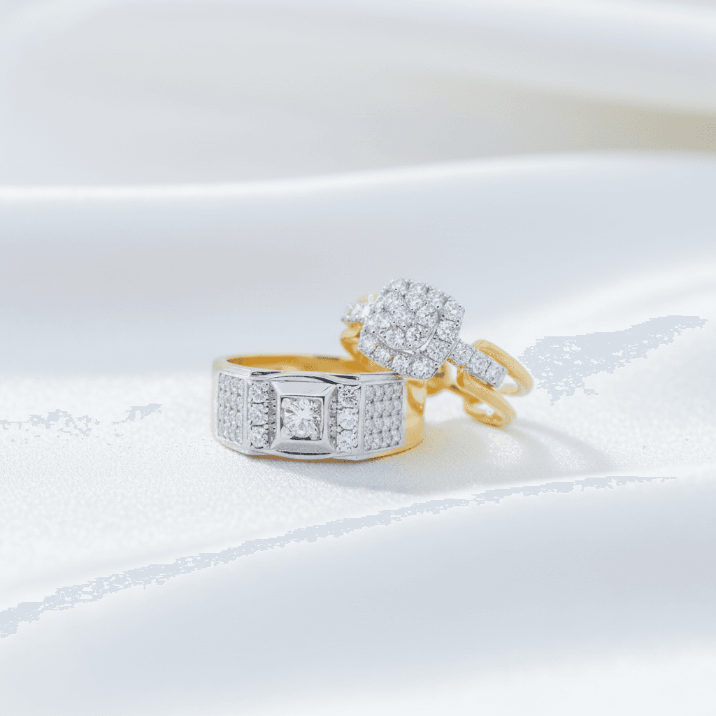Square Cluster Band & Round Halo Diamond Couple Rings (RF0373 / RM0078)