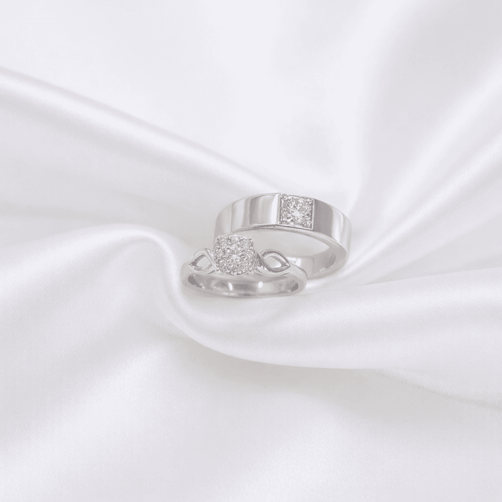 White Gold Flower Cluster & Channel Band Couple Rings — ER074