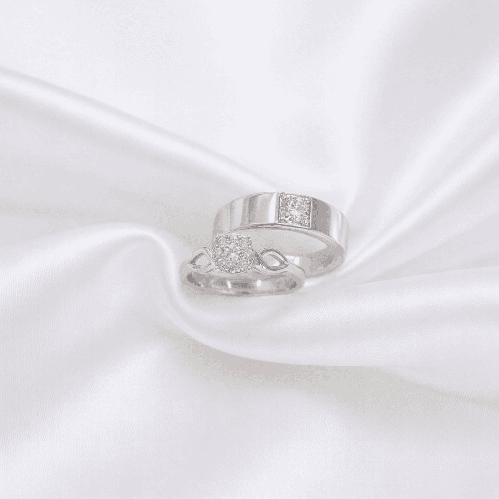 White Gold Flower Cluster & Channel Band Couple Rings