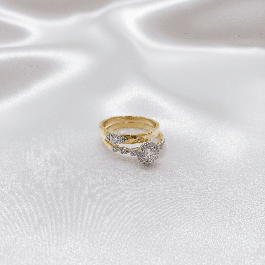Halo Round & Geometric Diamond Band Couple Rings