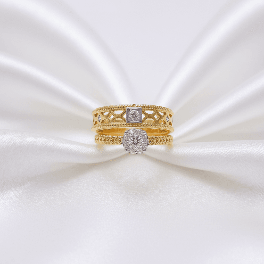 Filigree Bangle & Cushion Halo Diamond Couple Rings — ER079