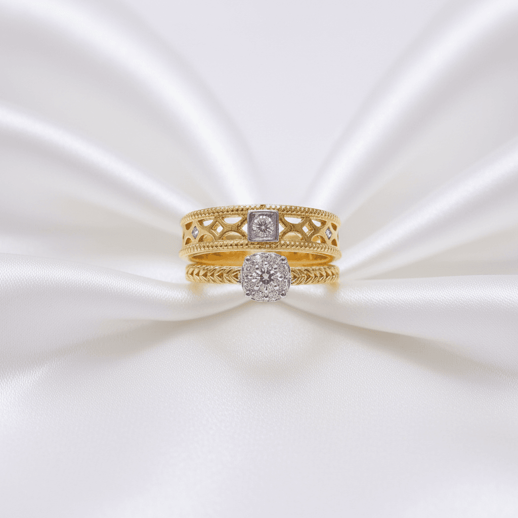Filigree Bangle & Cushion Halo Diamond Couple Rings