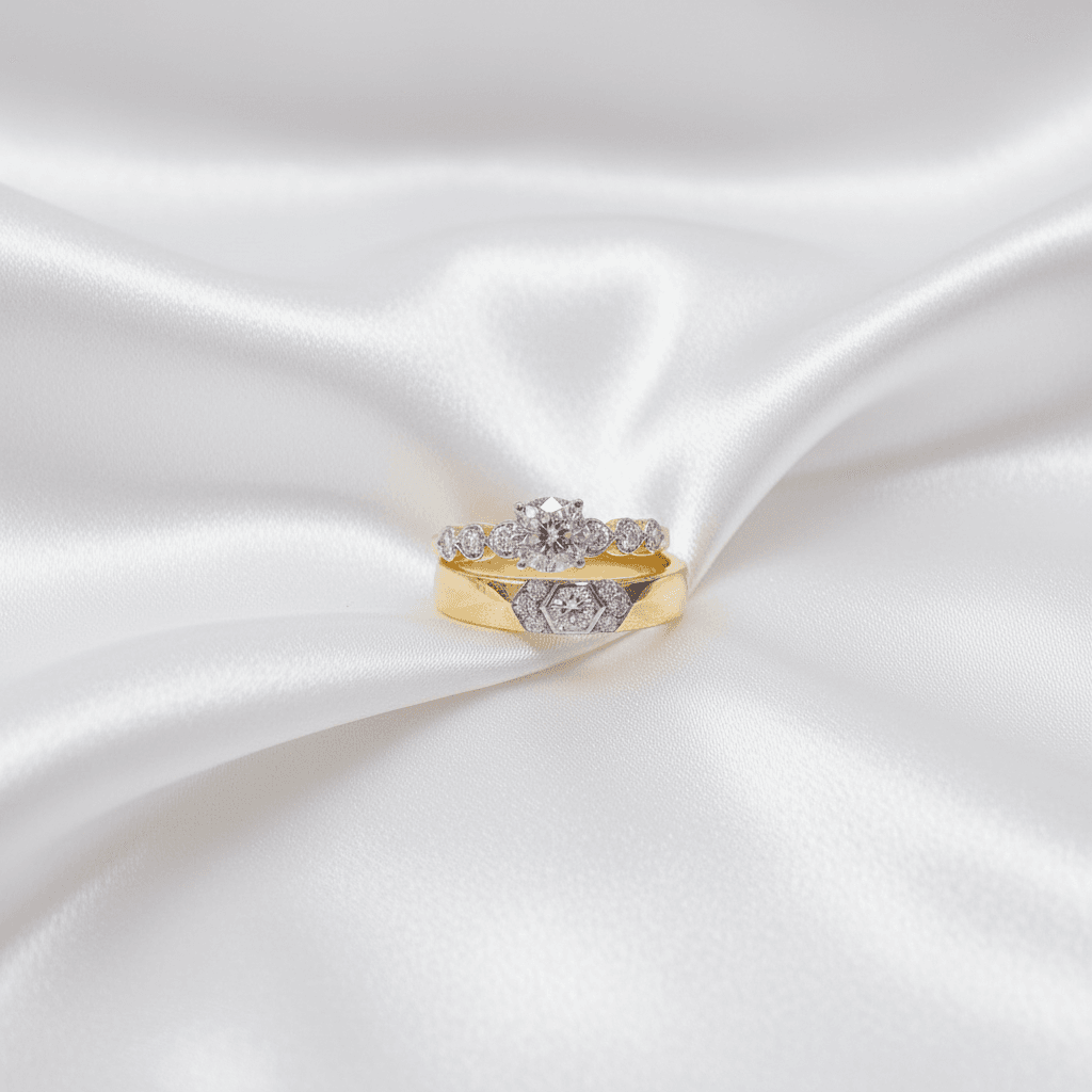 Round Brilliant & Hexagon Band Diamond Couple Rings