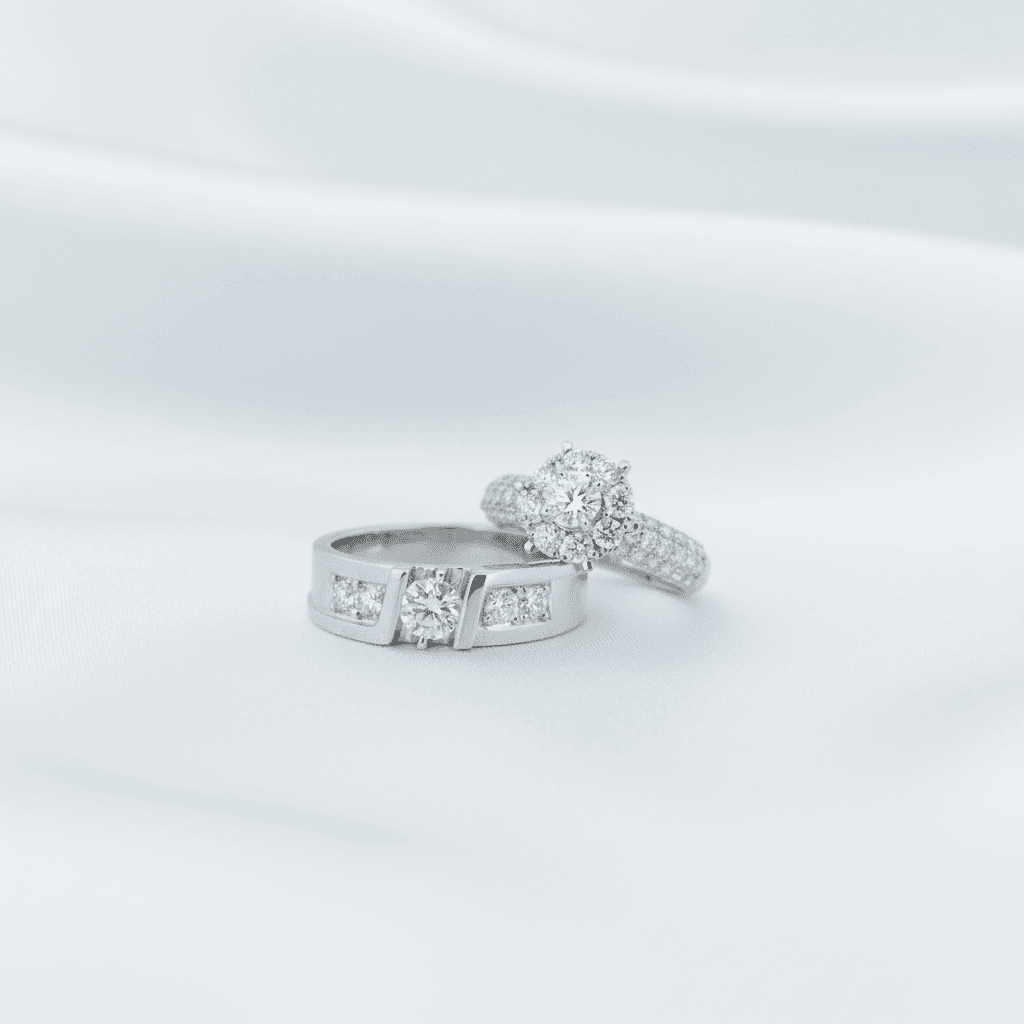 Flower Cluster & Square Diamond Couple Rings — ER082