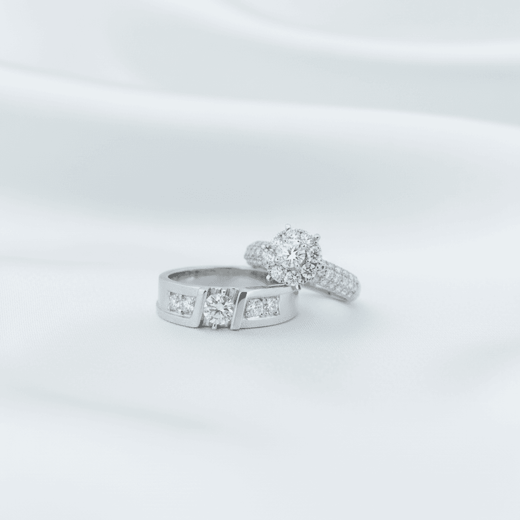 Flower Cluster & Square Diamond Couple Rings