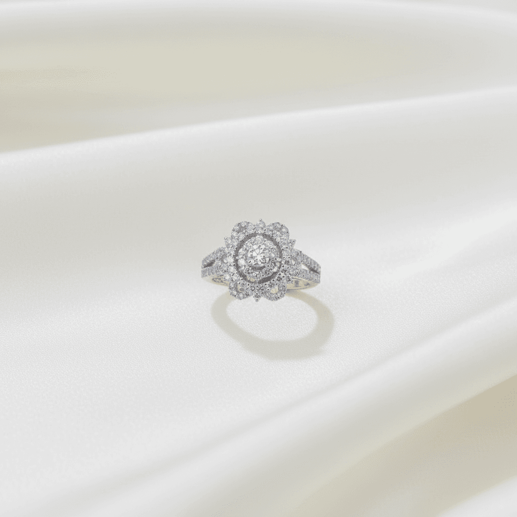 Ornate Flower Halo Ring — RF0047