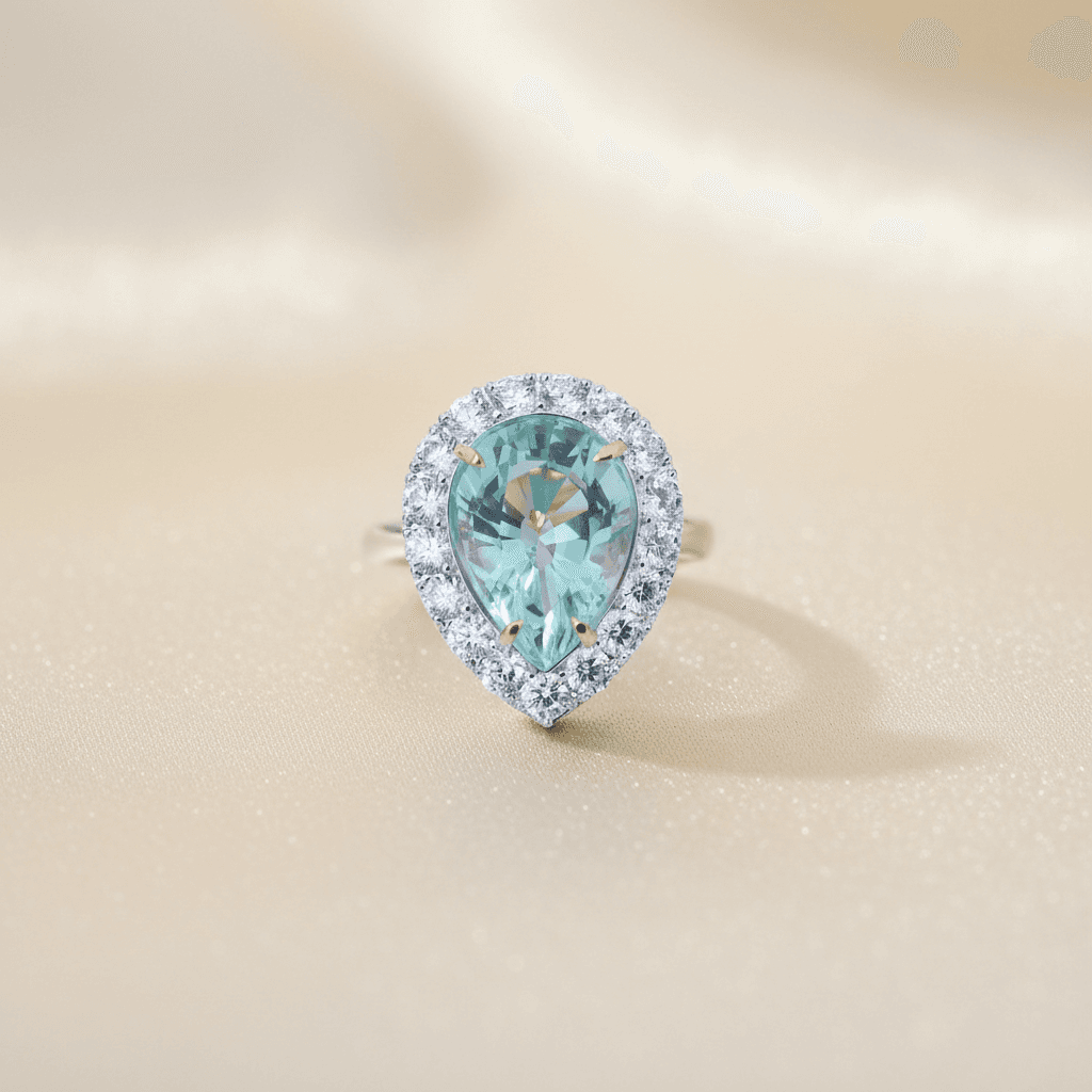 Aqua Pear Halo Ring — RF0588