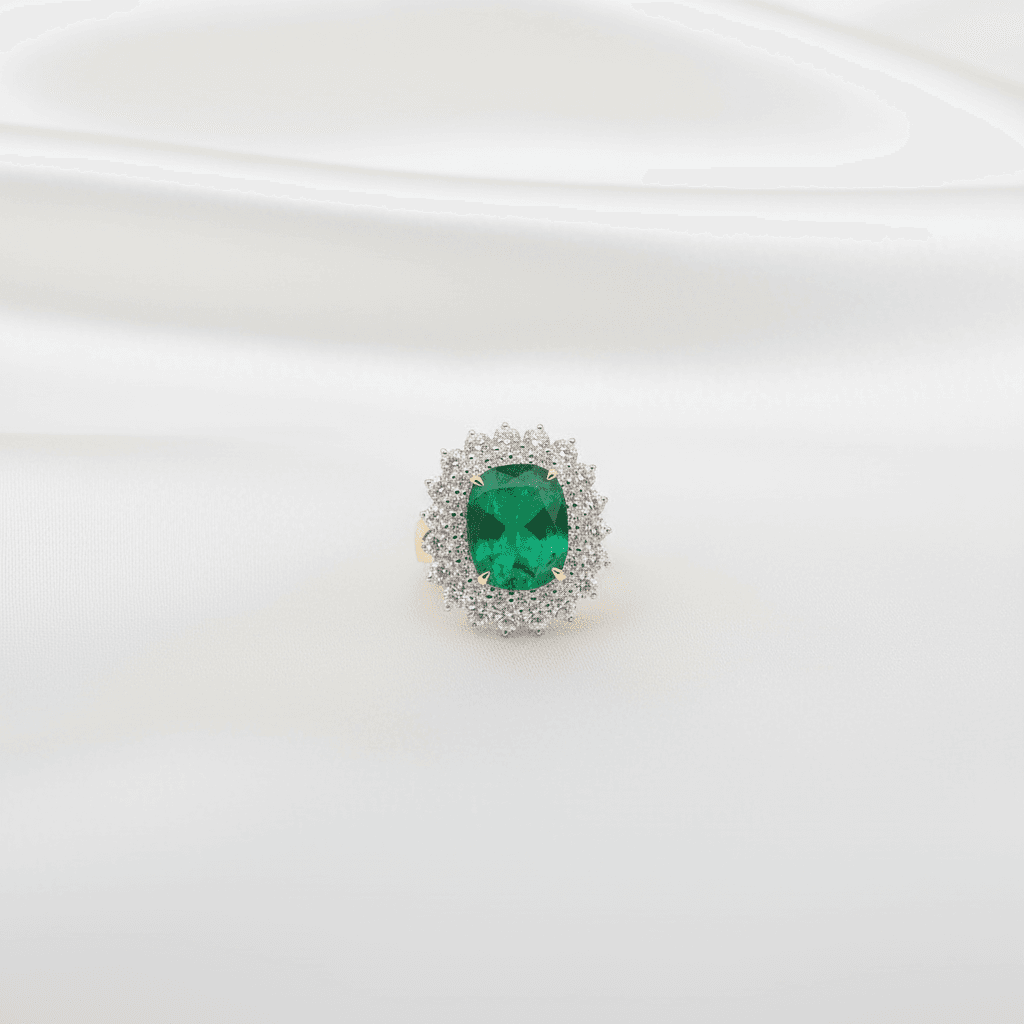 Emerald Double Halo Diamond Ring