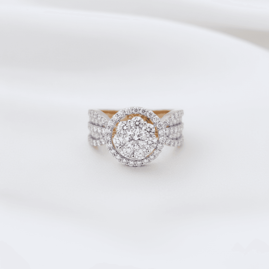Round Halo Triple Row Diamond Ring