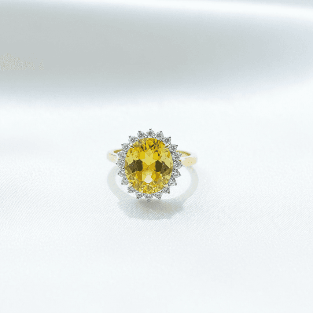Yellow Sapphire Sunburst Halo Diamond Ring