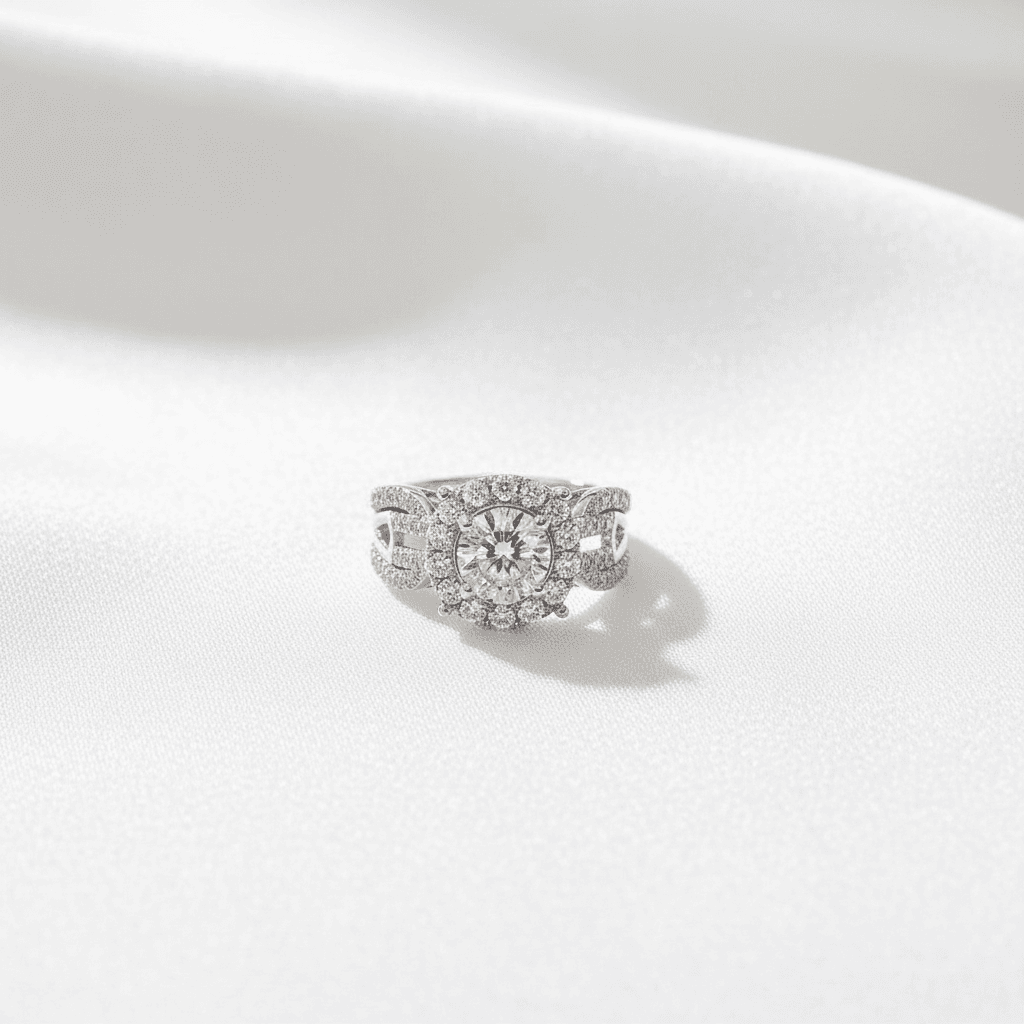 Round Halo Twisted Shank Diamond Ring