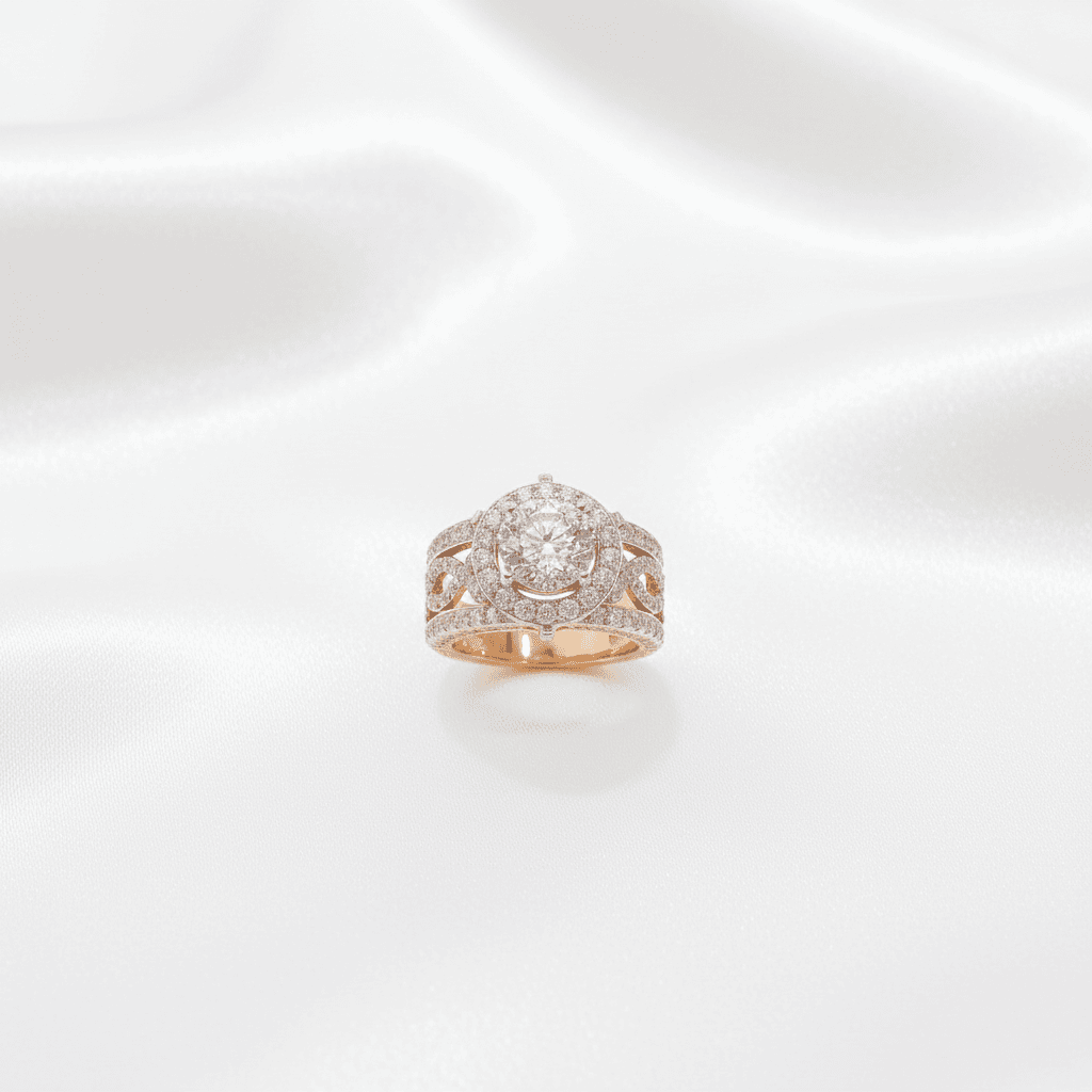 Round Halo Celtic Shank Diamond Ring