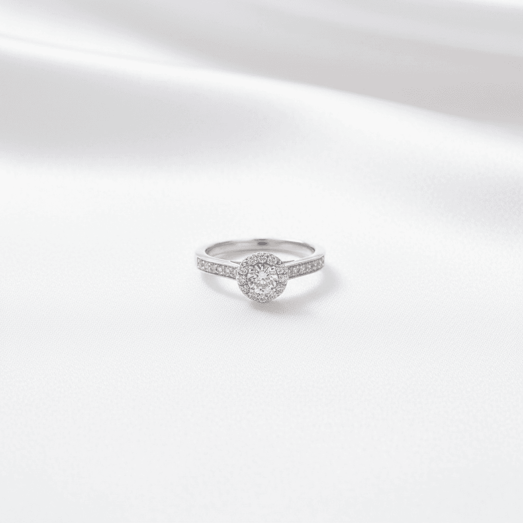 Round Halo Pavé Shank Diamond Ring