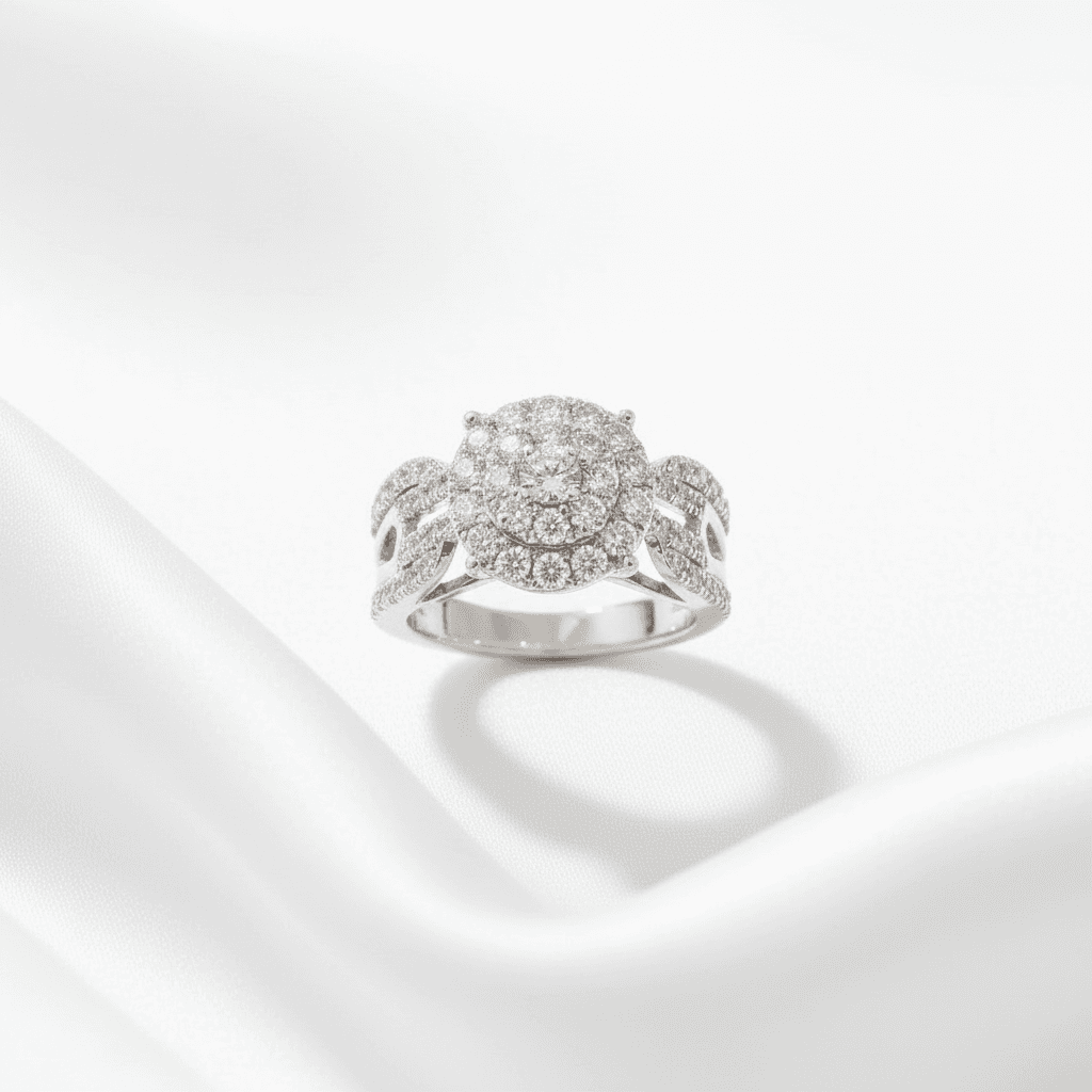 Oval Cluster Scroll Shank Diamond Ring — RF0648
