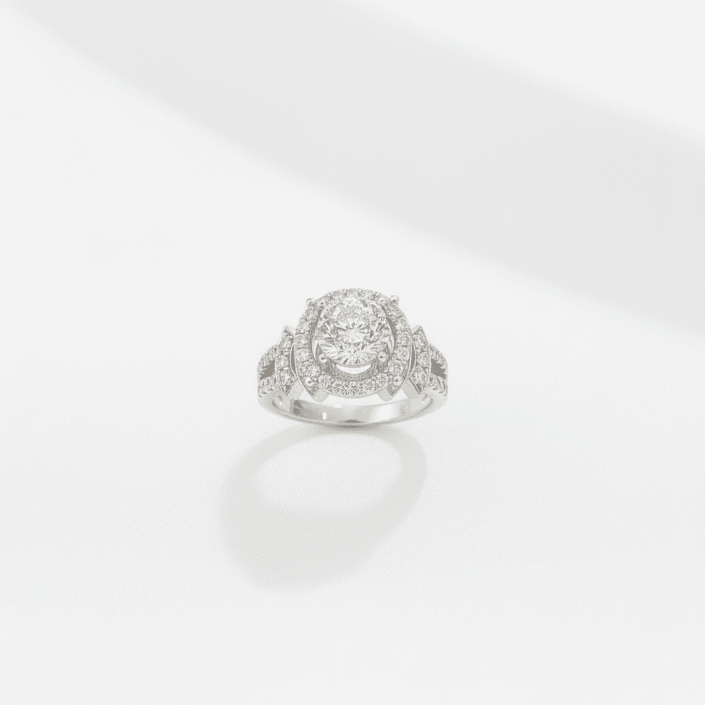 Double Halo Leaf Shank Diamond Ring — RF0649