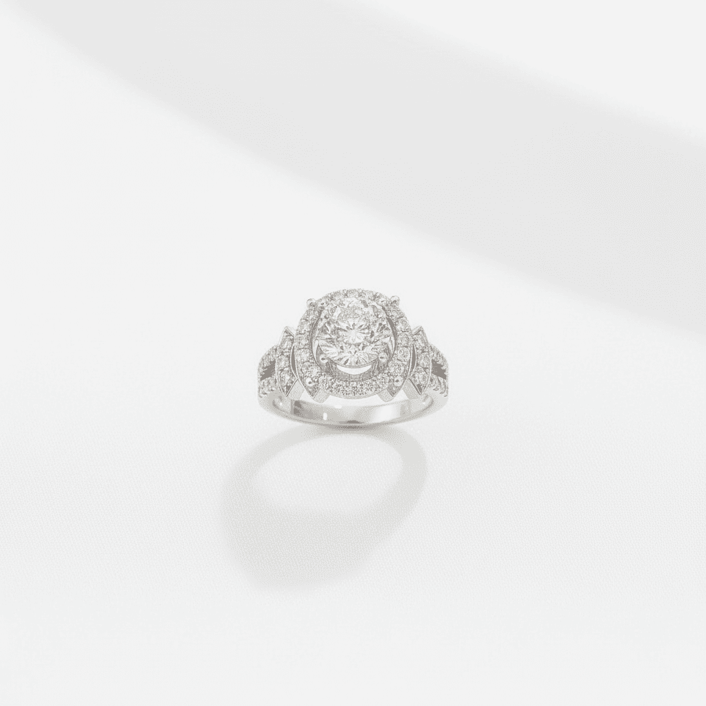 Double Halo Leaf Shank Diamond Ring