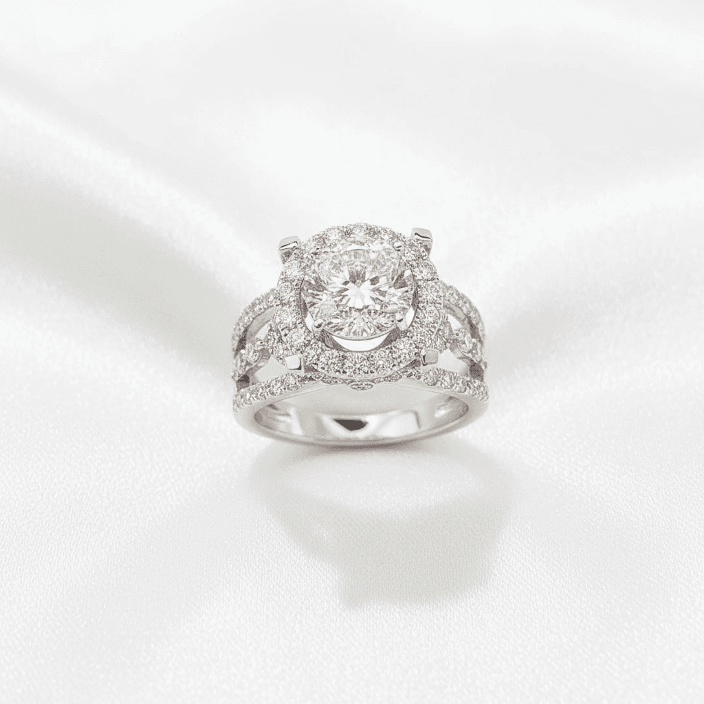 Double Halo Baguette Crown Diamond Ring