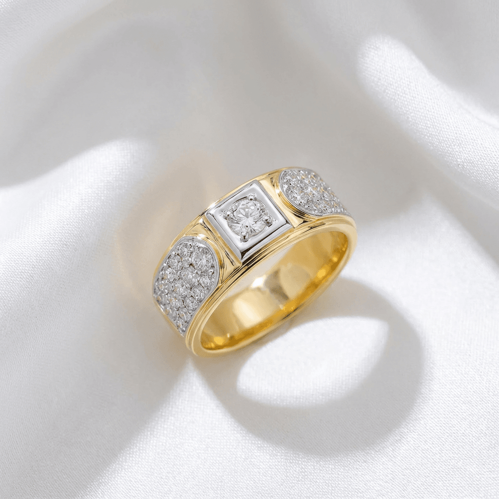 Men's Two-Tone Wide Pavé Diamond Solitaire Ring — RM0256