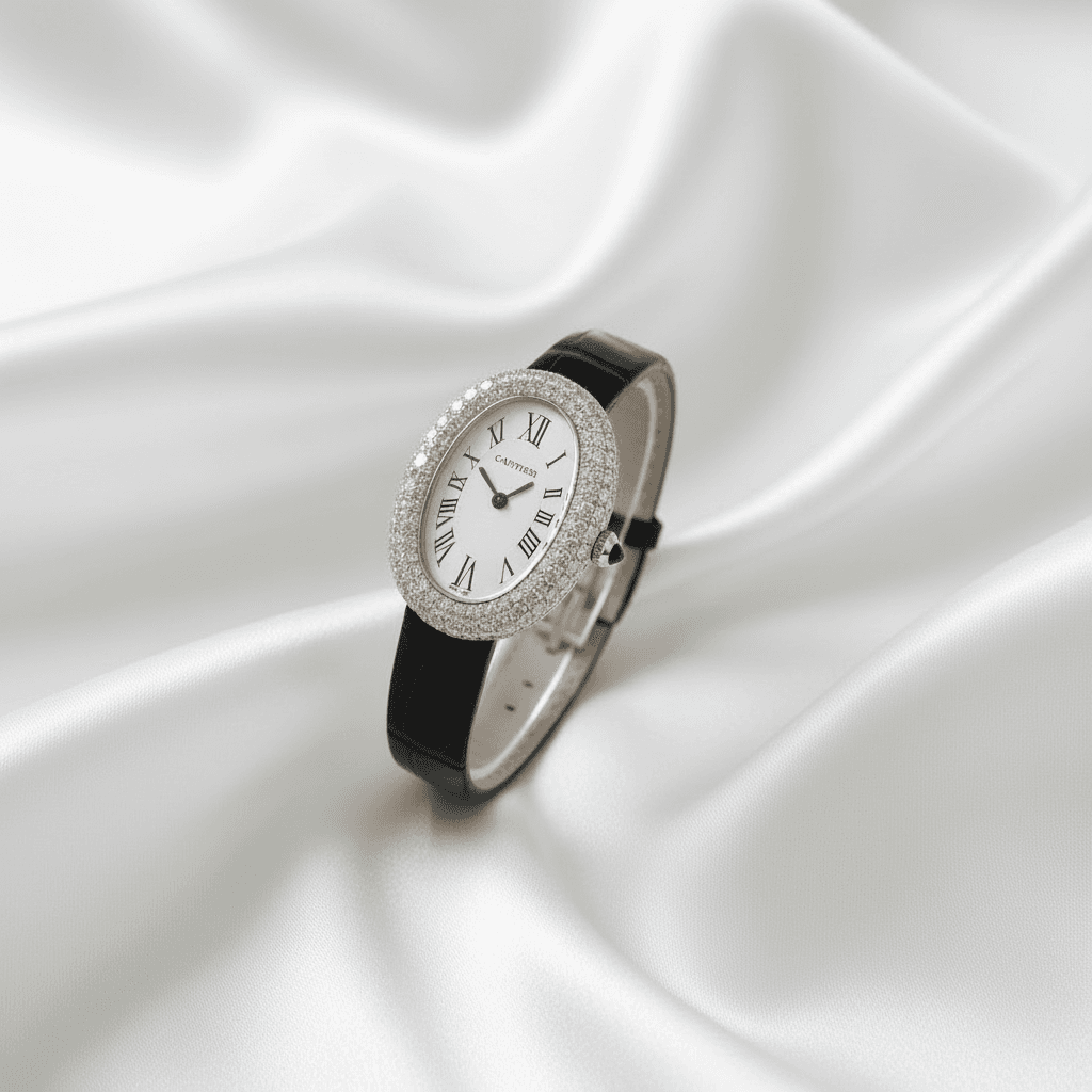 Oval Diamond Pave Watch with Leather Strap — W007