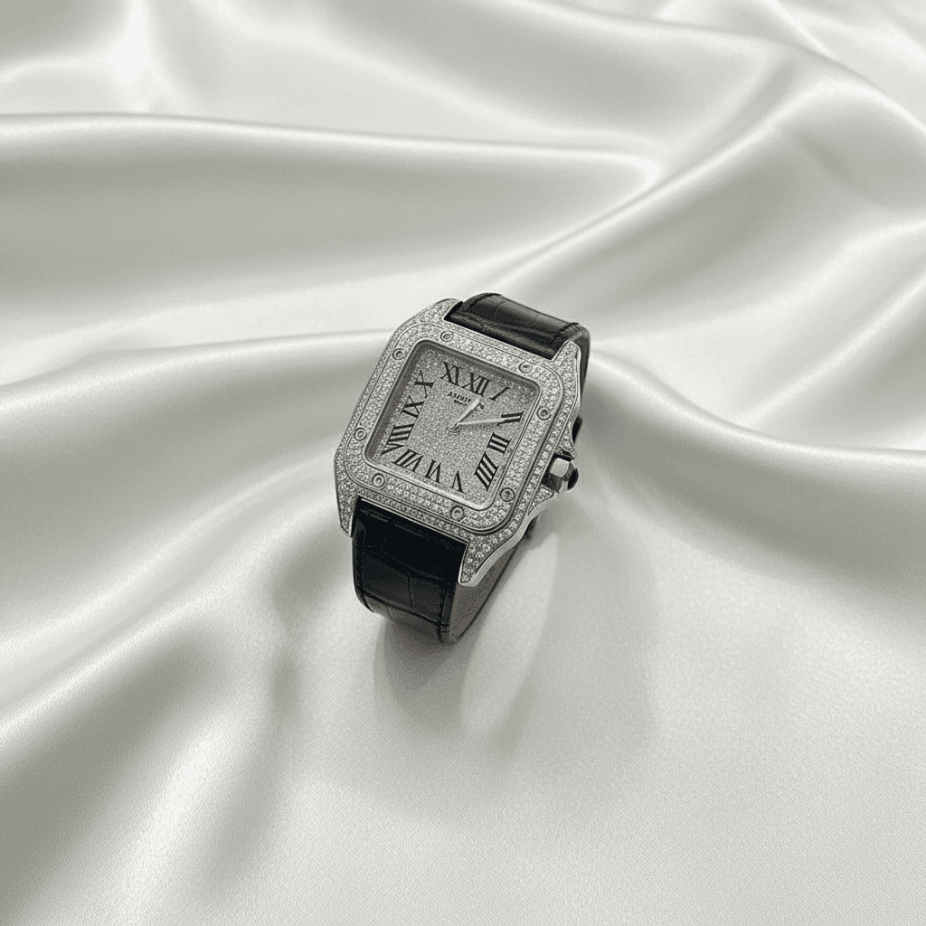 Iced Out Square Bezel Diamond Watch with Black Strap — W010