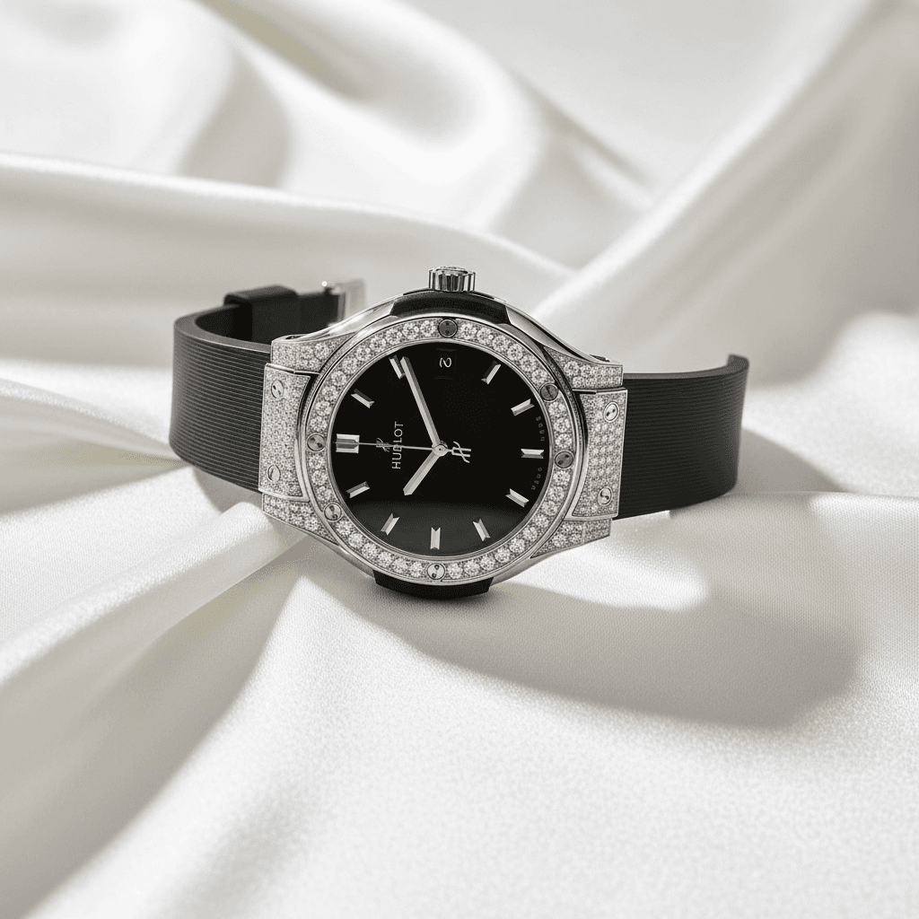 Black-Dial Round Diamond Bezel Watch with Rubber Strap — W018