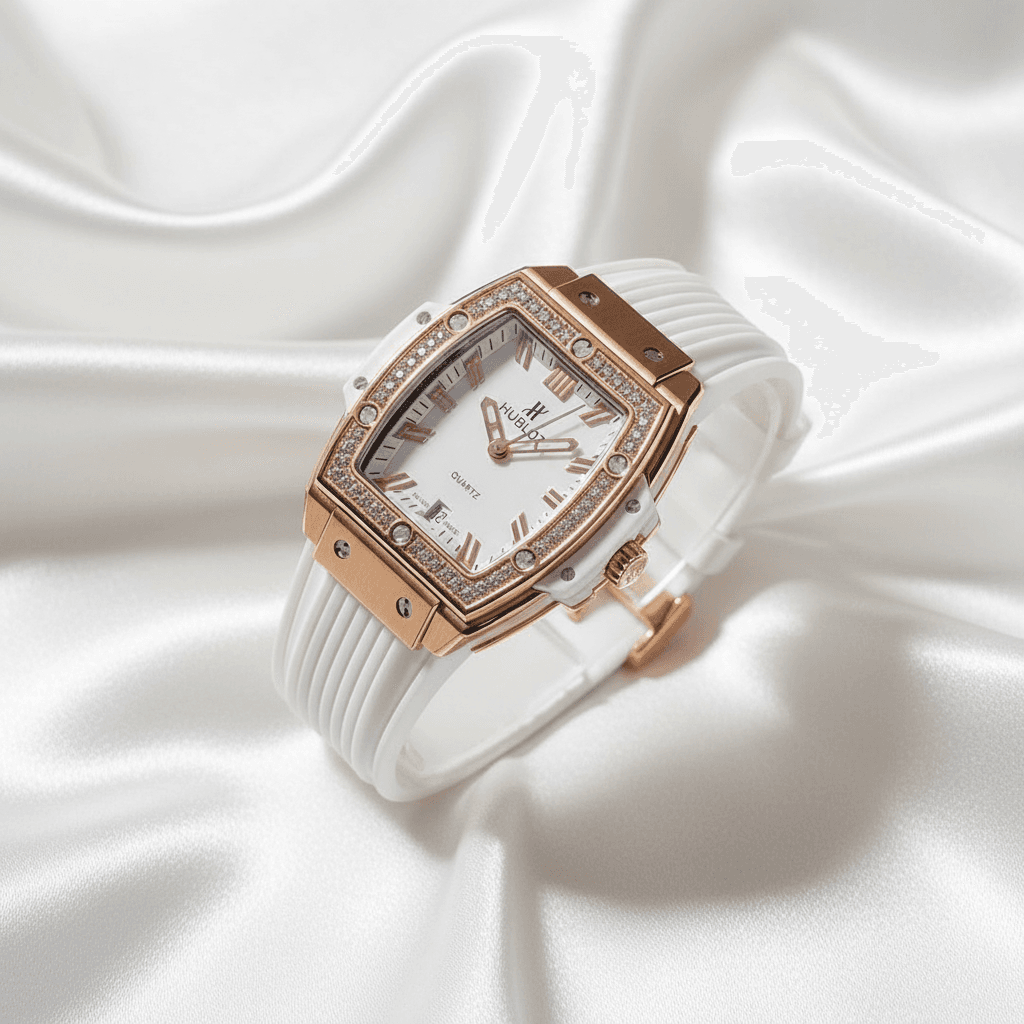 Rose Gold Rectangle Diamond Bezel Watch with White Rubber Strap — W019